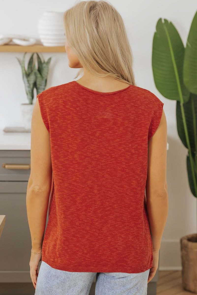 Chic Orange Split V-Neck Short Sleeve Knit Sweater - Love Salve